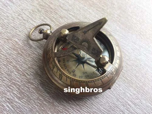 Antique Brass Pocket Sundial Compass — Push Button Marine Design