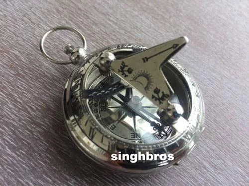 Maritime Push Button Pocket Compass with Chain — Chrome Brass — close-up | SinghBros Mart