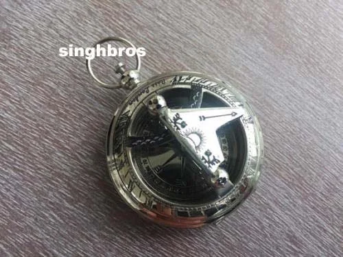 Maritime Push Button Pocket Compass with Chain — Chrome Brass — detail view | SinghBros Mart