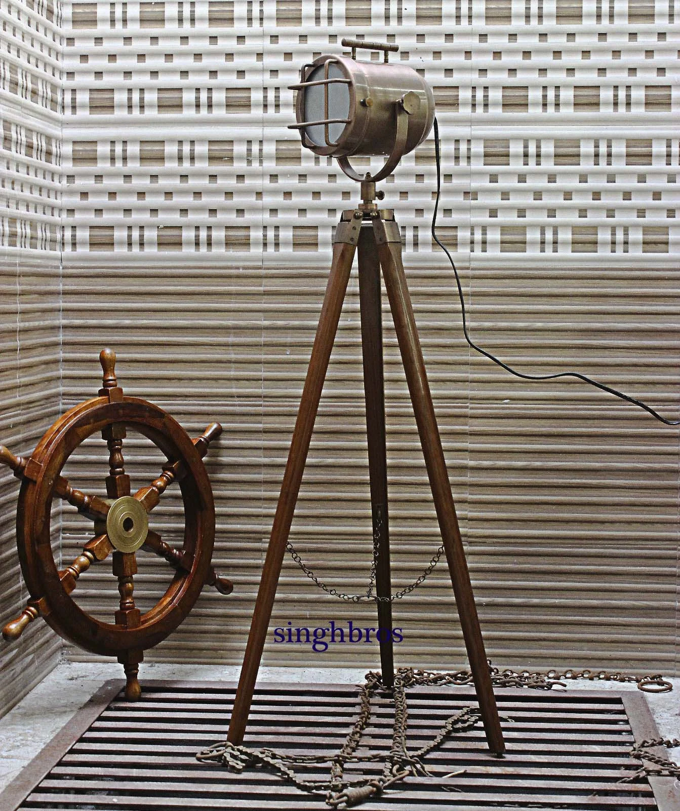 Nautical Tripod Floor Lamp — Copper Searchlight Spotlight
