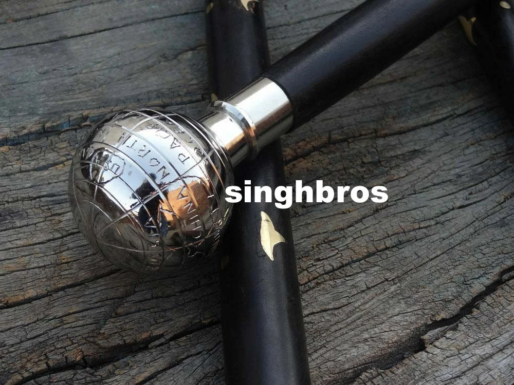 Vintage Nautical Globe Handle Walking Cane — 37 Inch Wooden — close-up | SinghBros Mart