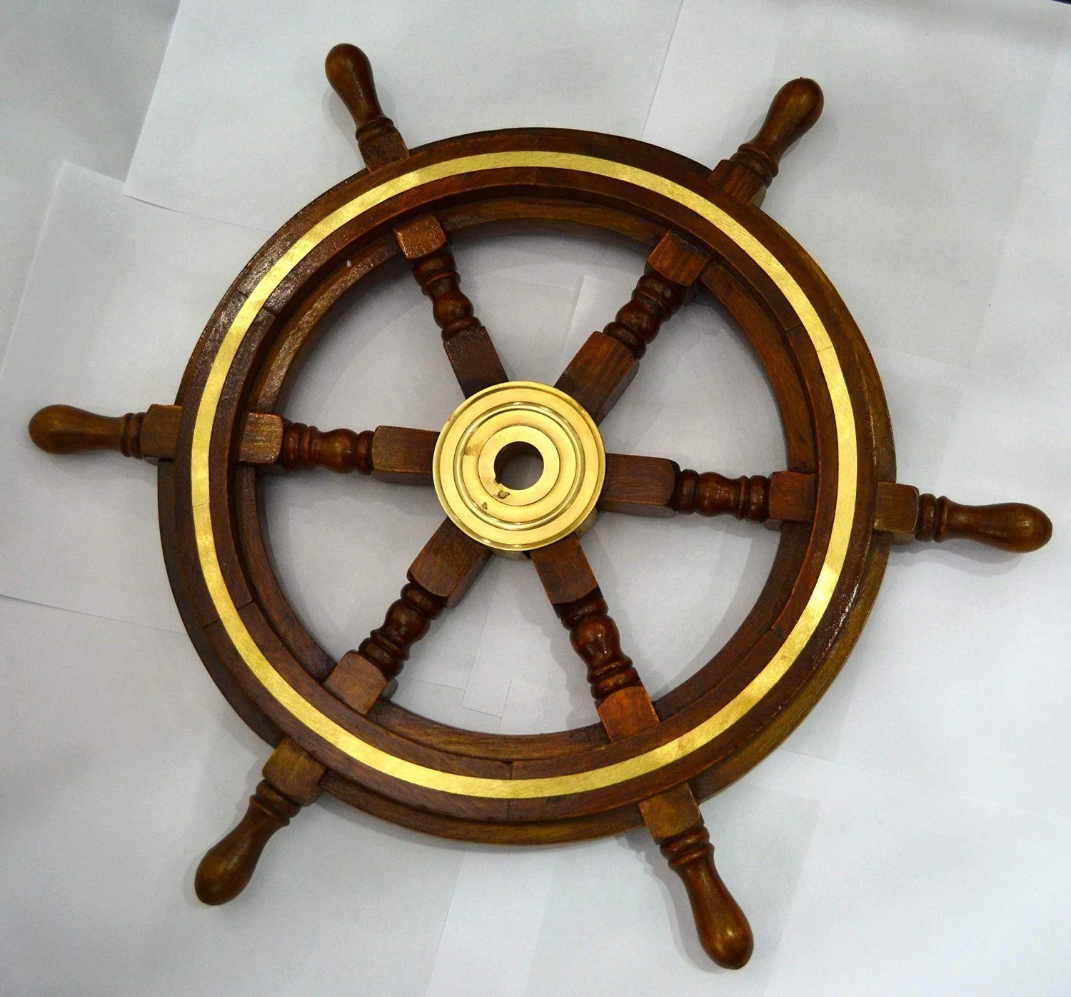 Nautical Ship Wheel Wall Decor — Brass Accents Wooden Helm