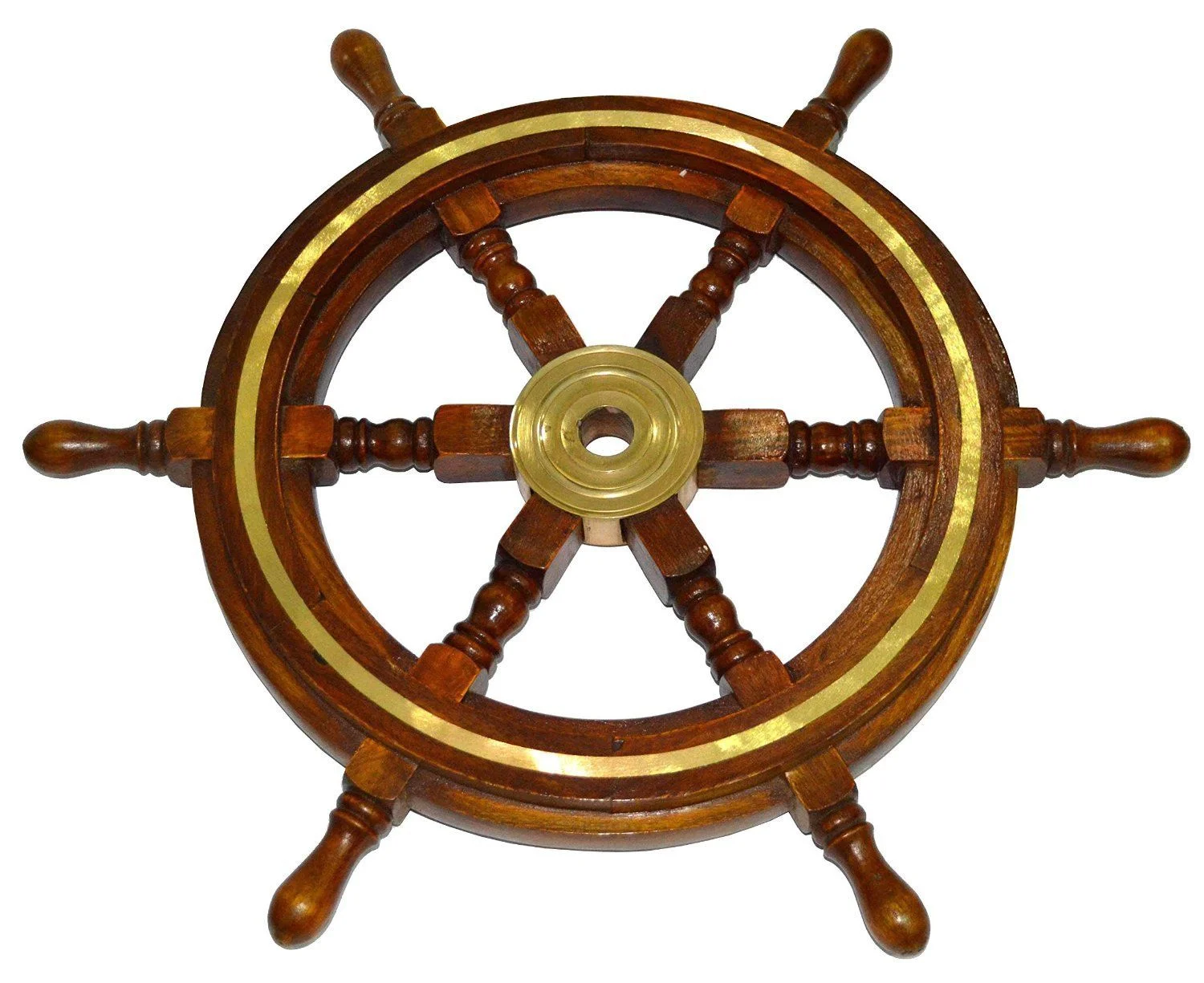 Nautical Ship Wheel Wall Decor — Brass Accents Wooden Helm — close-up | SinghBros Mart