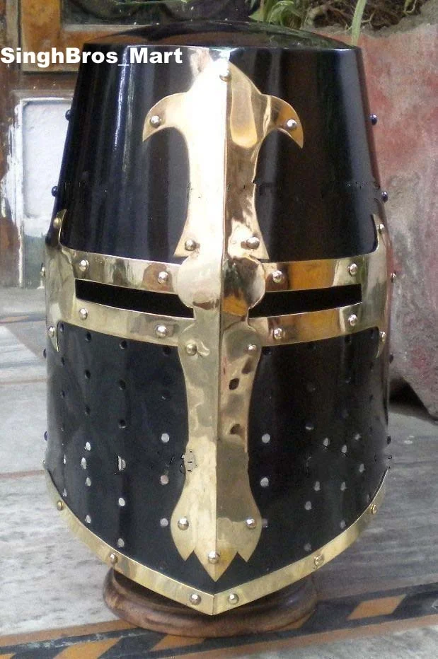 Medieval Crusader Helmet — 18 Gauge Steel with Brass Cross