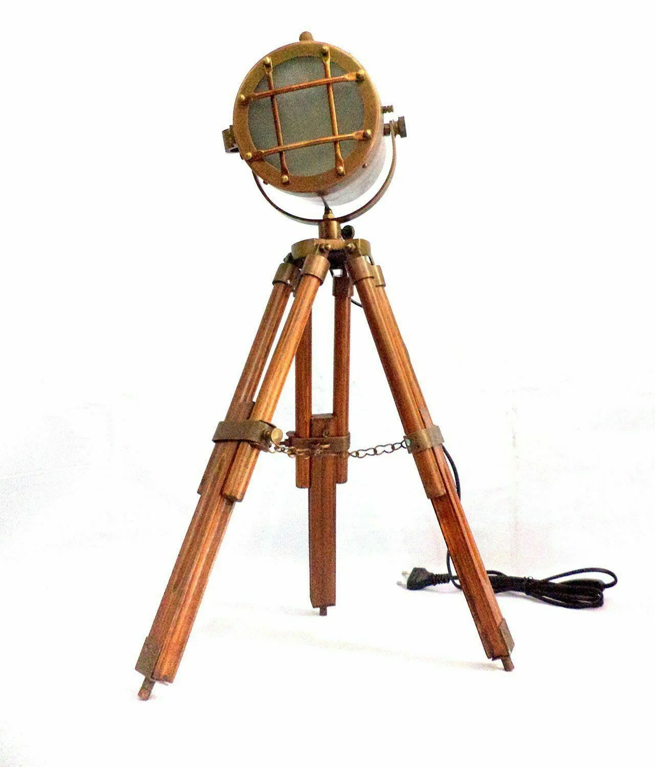 Nautical Spotlight Table Lamp — Brown Tripod Stand 22 Inch — close-up | SinghBros Mart