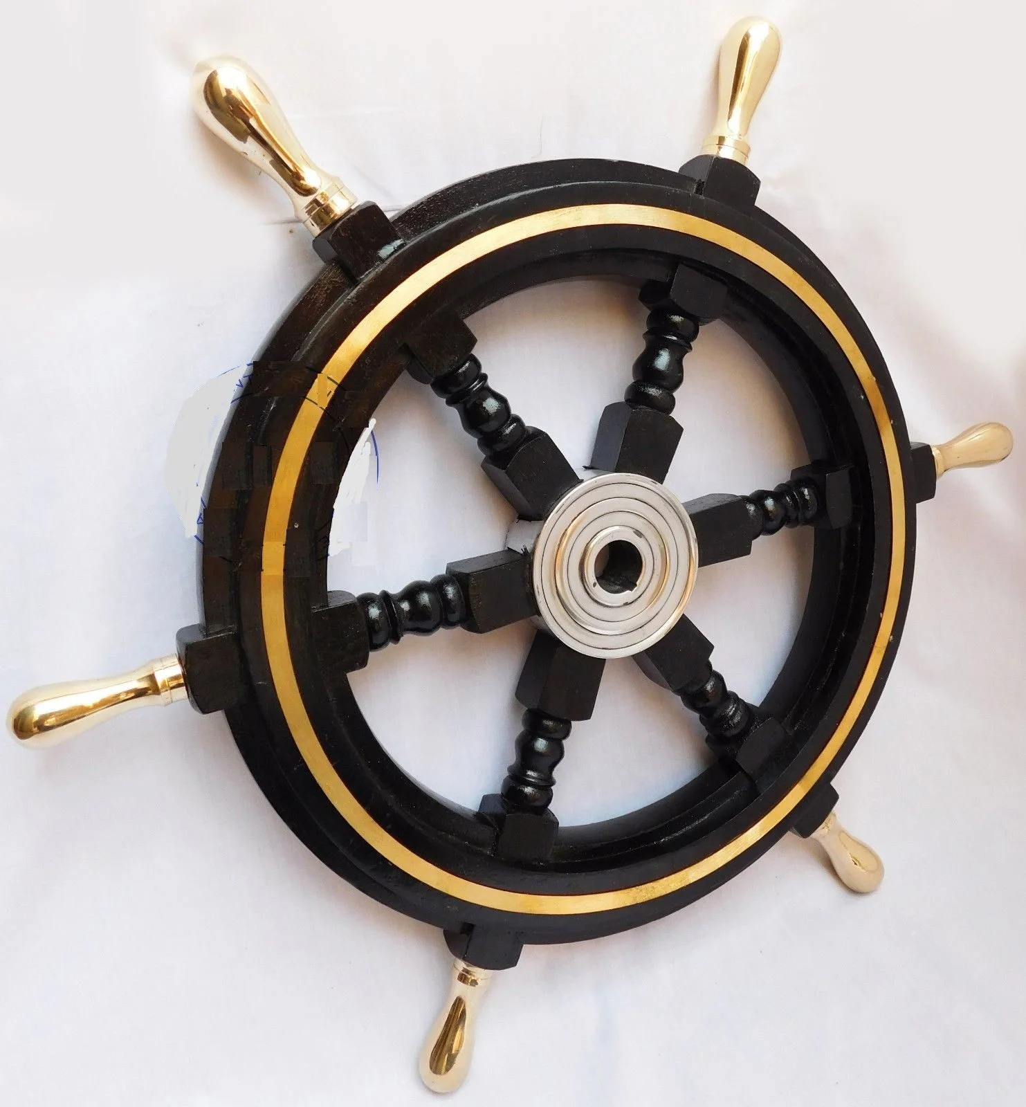Wooden Ship Wheel 18 Inch — Handcrafted Brass Accents — close-up | SinghBros Mart
