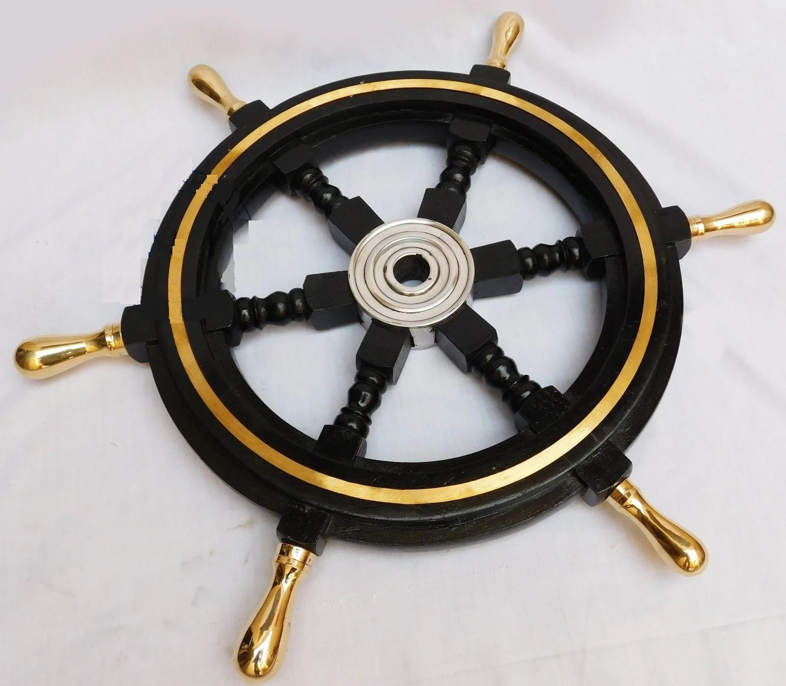 Wooden Ship Wheel 18 Inch — Handcrafted Brass Accents — detail view | SinghBros Mart