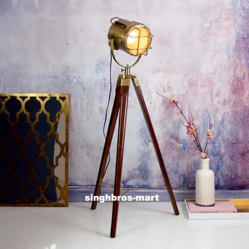 Nautical Tripod Floor Lamp — Antique Brass Spotlight Decor — Handmade Antique Replica | SinghBros Mart