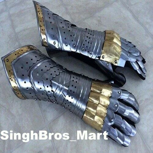 Medieval Steel Gauntlet with Brass Accents — 18 Gauge Armor — Handmade Antique Replica | SinghBros Mart