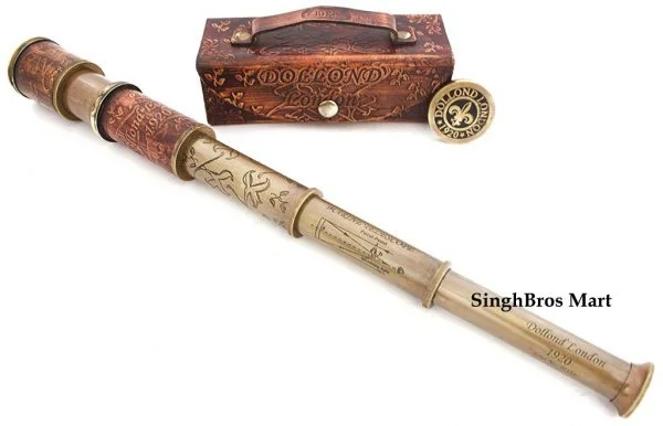 Brass Pirate Telescope with Leather Wrap — 16.5" Vintage Spyglass — detail view | SinghBros Mart