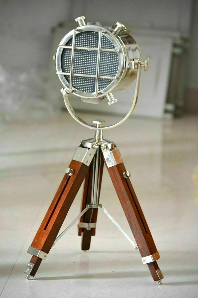Nautical Searchlight Table Lamp — Chrome with Brown Tripod