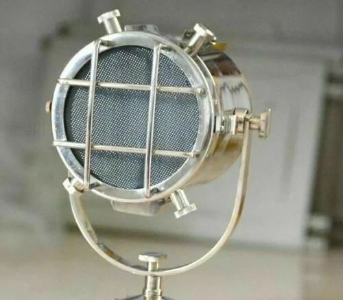 Nautical Searchlight Table Lamp — Chrome with Brown Tripod — close-up | SinghBros Mart