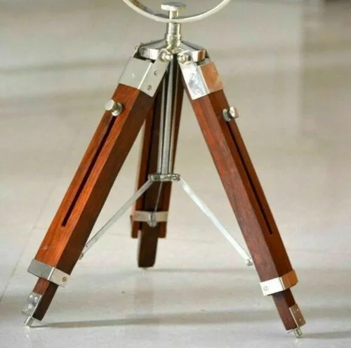 Nautical Searchlight Table Lamp — Chrome with Brown Tripod — detail view | SinghBros Mart