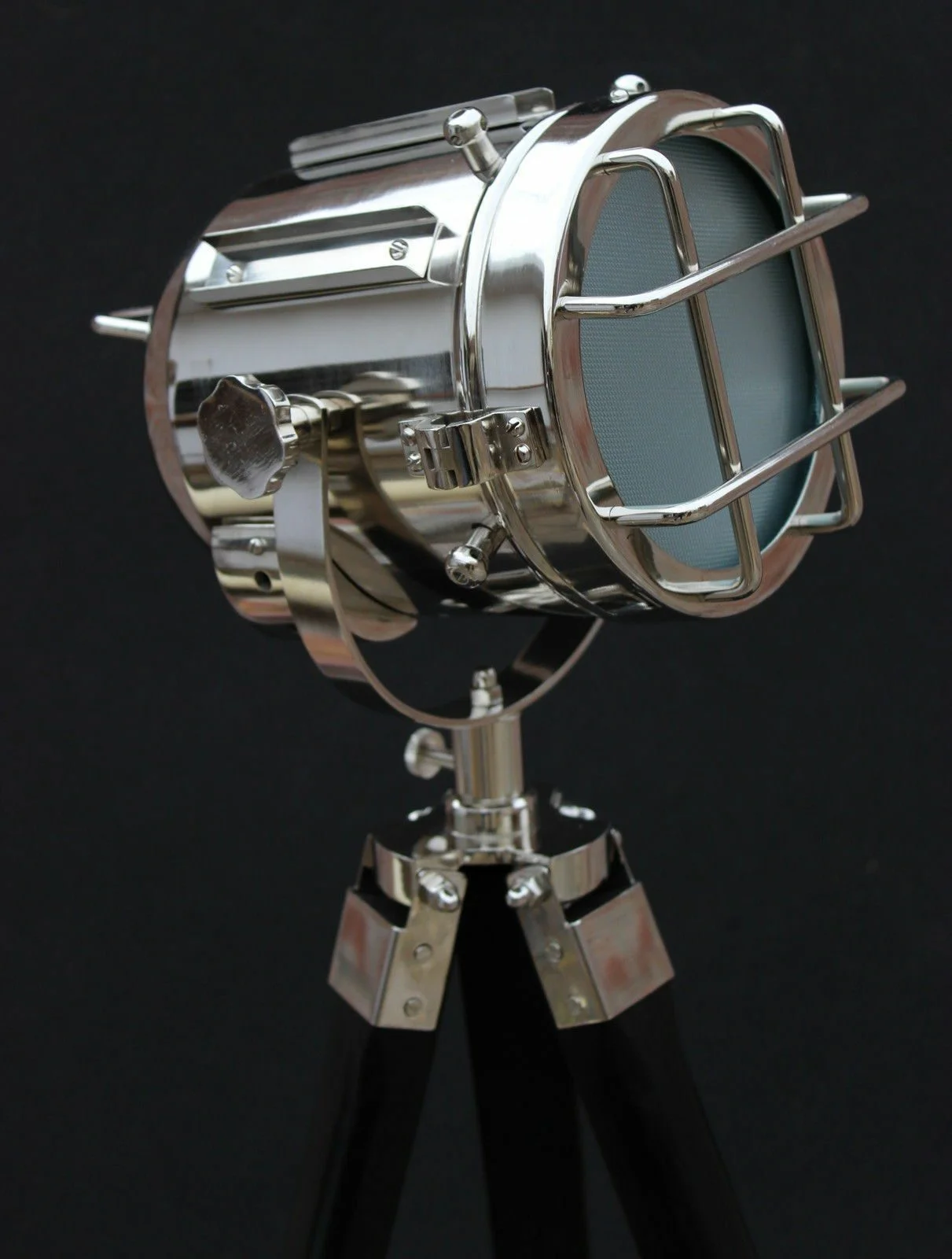 Nautical Tripod Floor Lamp — Chrome Spotlight Wooden Stand — Handmade Antique Replica | SinghBros Mart