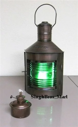 Nautical Ship Lantern — Green Fresnel Lens Starboard Oil Lamp