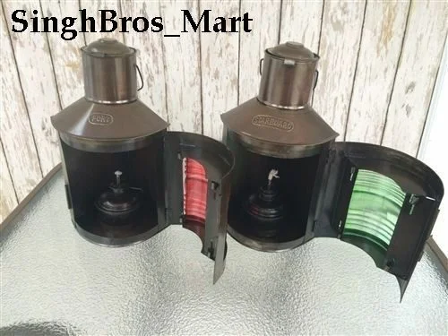 Nautical Ship Oil Lanterns Set — Port and Starboard Fresnel Lens — back view | SinghBros Mart