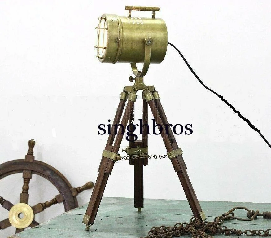 Vintage Nautical Spotlight Table Lamp — Tripod Stand 22"