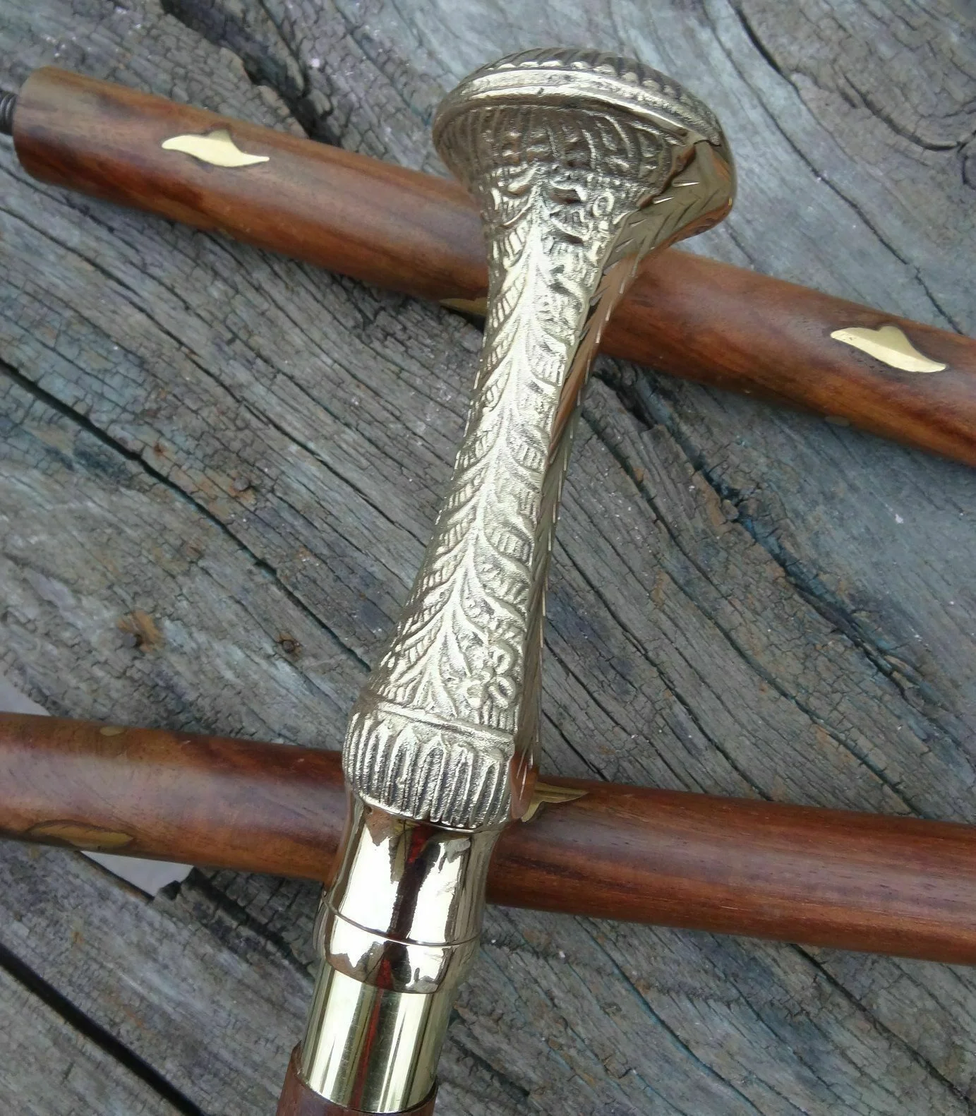 Nautical Walking Stick with Chrome Handle — Handcrafted Wood 37" — angle view | SinghBros Mart