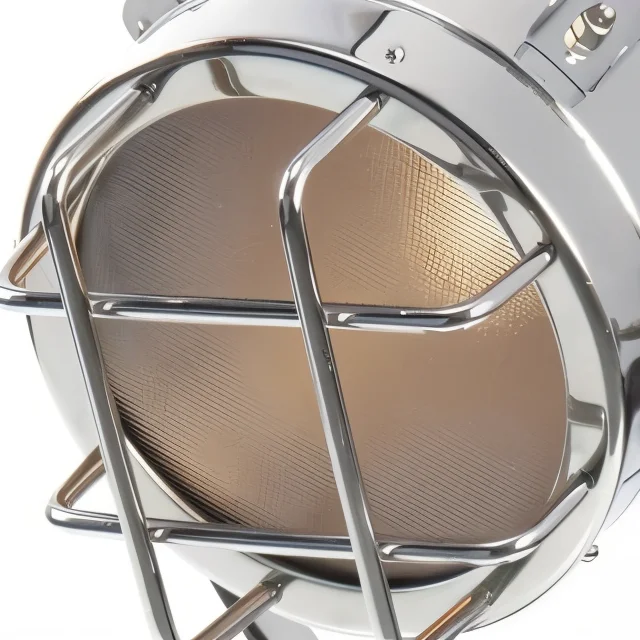 Vintage Nautical Tripod Spotlight Lamp — Chrome &amp; Wood — detail view | SinghBros Mart