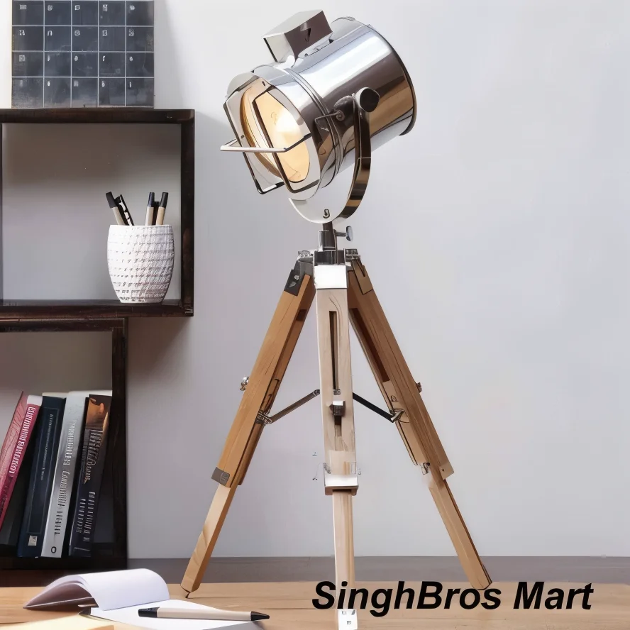 Vintage Nautical Tripod Spotlight Lamp — Chrome & Wood