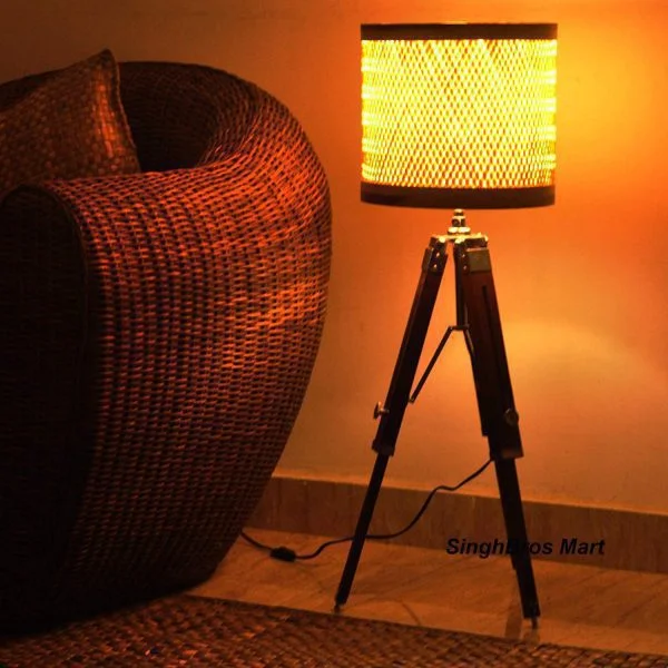 Natural Wood Tripod Floor Lamp Stand — Handmade 29 Inch — angle view | SinghBros Mart