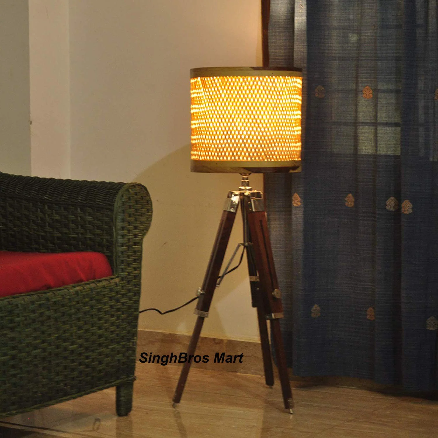Natural Wood Tripod Floor Lamp Stand — Handmade 29 Inch — Handmade Antique Replica | SinghBros Mart