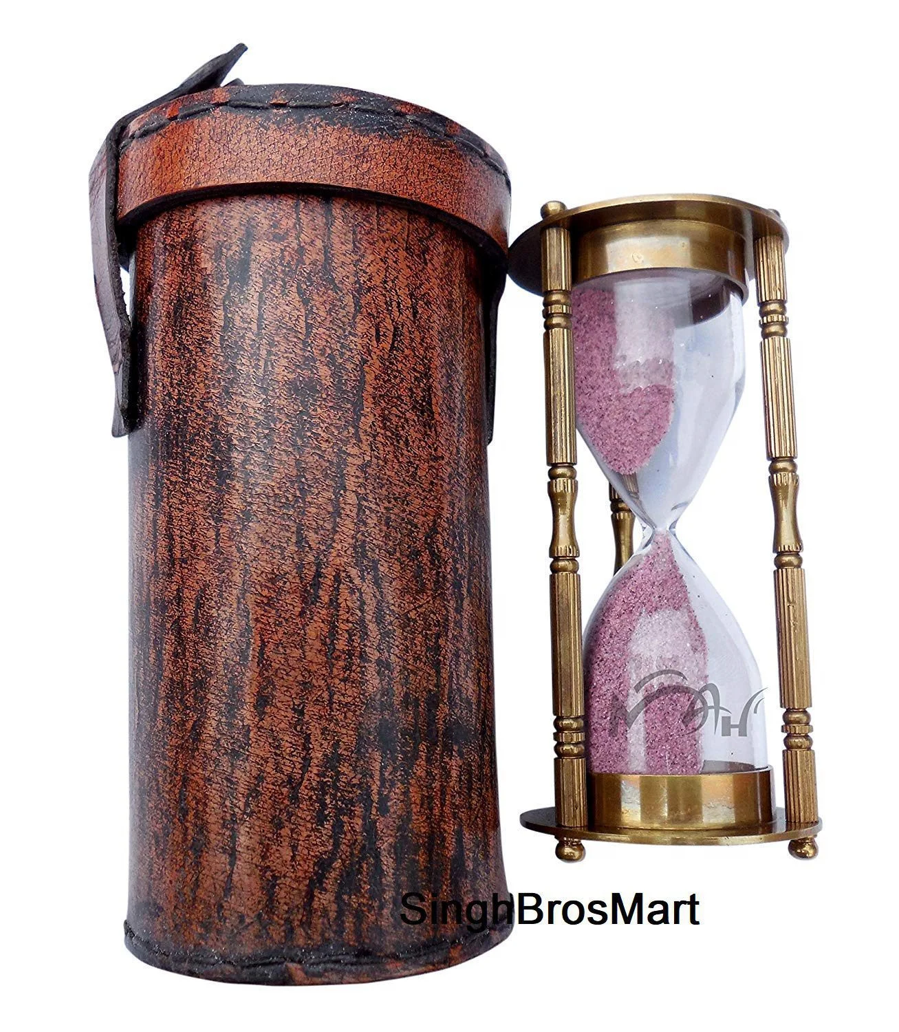 Vintage Brass Sand Timer with Protective Leather Case