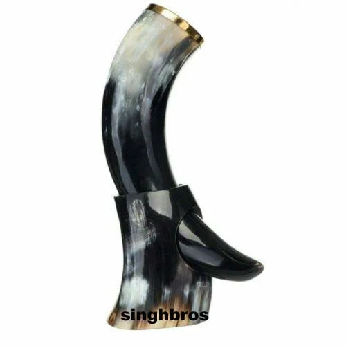Viking Drinking Horn Mug — Polished with Brass Stand 10-12"