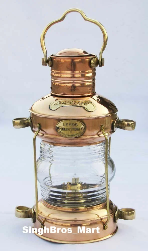 Nautical Brass Anchor Oil Lamp — Maritime Ship Lantern Design — angle view | SinghBros Mart
