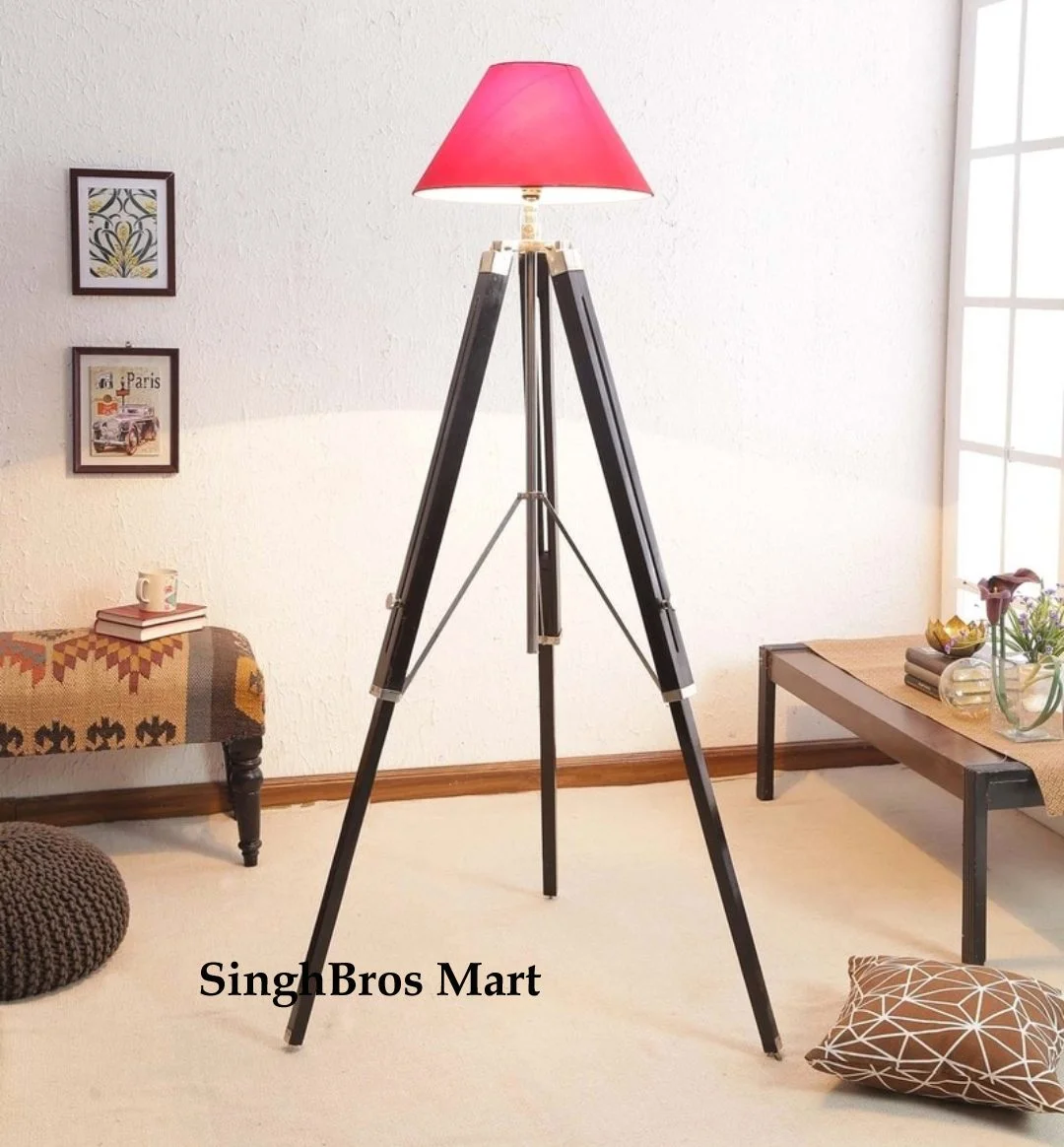 Nautical Tripod Floor Lamp — Chrome Steel & Black Wood — Handmade Antique Replica | SinghBros Mart