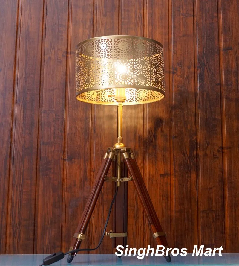 Antique Brass Tripod Table Lamp — Adjustable Industrial Style