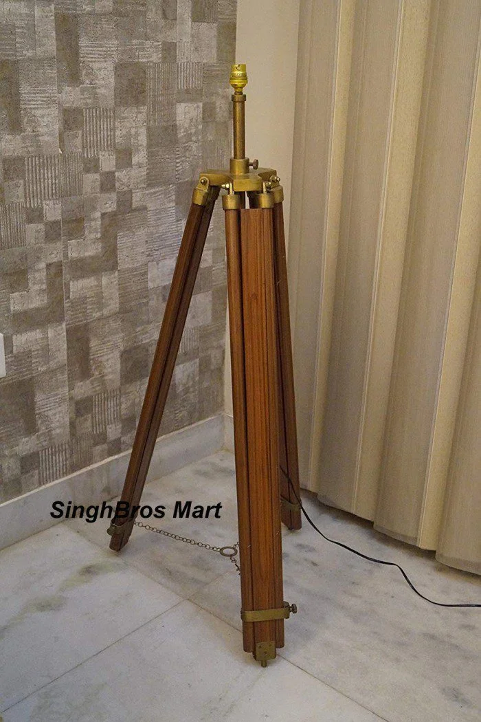 Vintage Wooden Tripod Floor Lamp — Antique Brass Finish — detail view | SinghBros Mart
