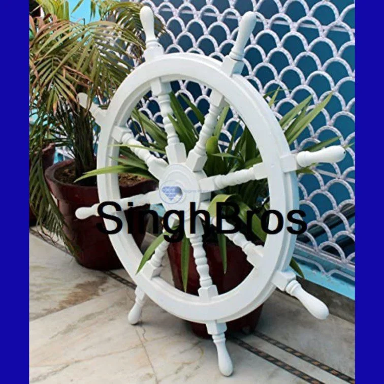 Decorative Ship Wheel — 24" White & Aqua Nautical Decor