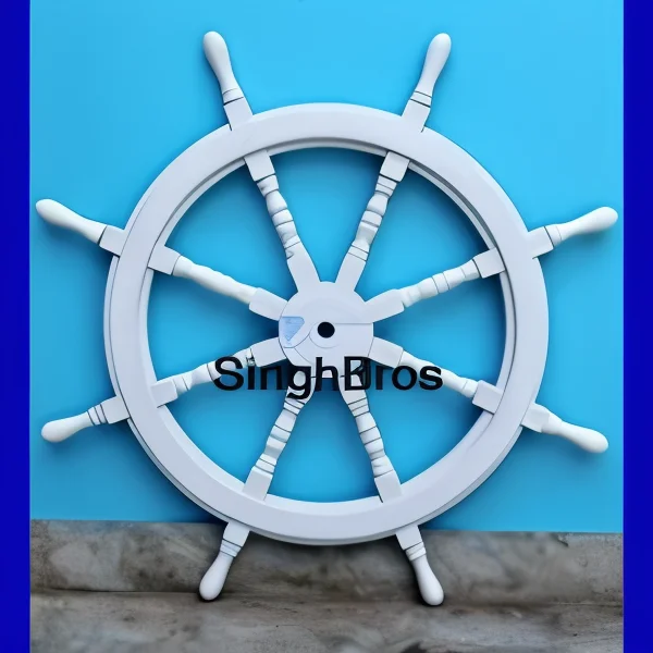 Decorative Ship Wheel — 24" White &amp; Aqua Nautical Decor — detail view | SinghBros Mart