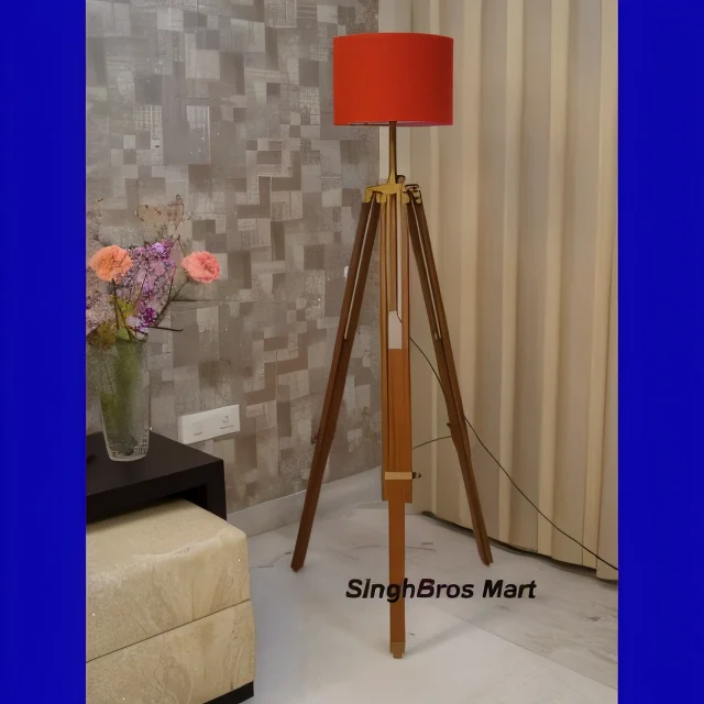 Vintage Wooden Tripod Floor Lamp — Antique Brass Finish — Handmade Antique Replica | SinghBros Mart