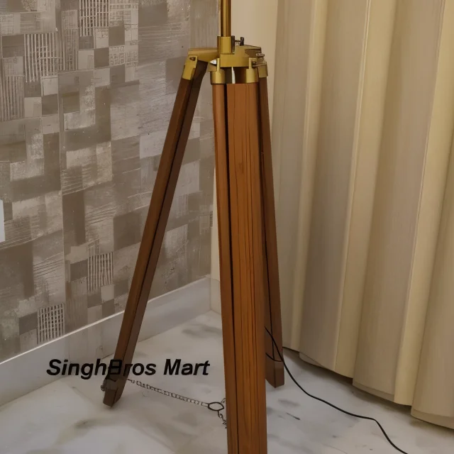 Vintage Wooden Tripod Floor Lamp — Antique Brass Finish — angle view | SinghBros Mart